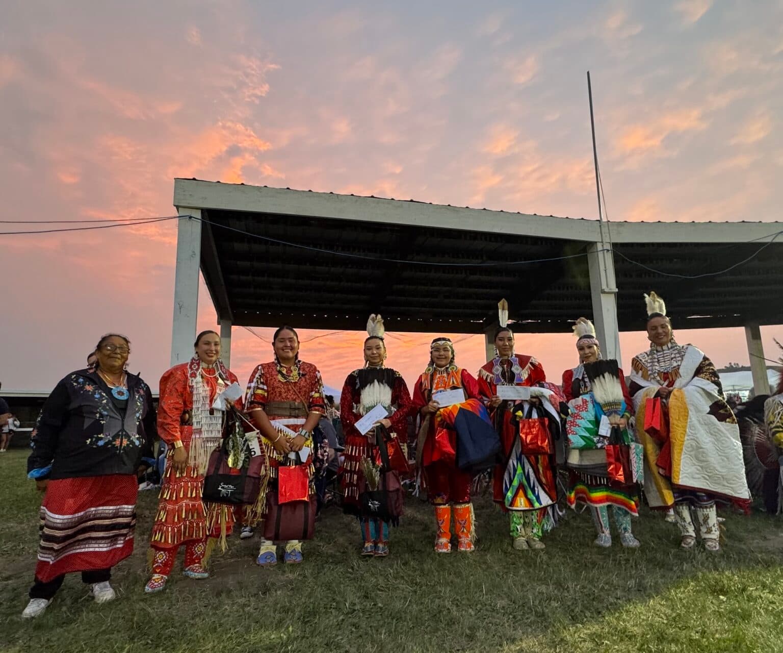 From left: Alva Cottonwood-Gabe; consolation winners Lillian Little Shield, Reagan Dunn, Danika White, and Carlynn Walking Elk; Madison Crow Feather (4th place); Addison Snider (3rd place); Sheyenne Fox (2nd place) and Tanski Clairmont (1st place). (Photo credit: Erin Hoover Barnett) 