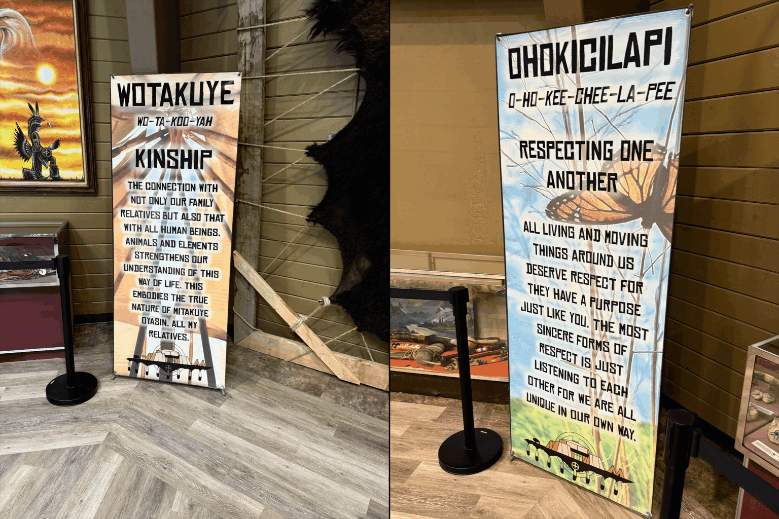 Signs inside the Lakota Cultural Center remind visitors of values such as respect and kinship. (Photo credit: Jodi Rave Spotted Bear)
