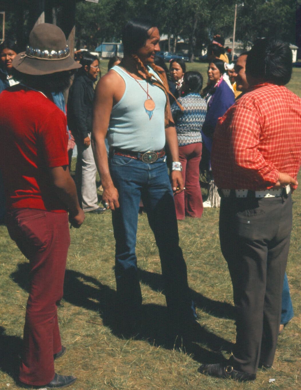American Indian Movement leader Russell Means is seen visiting the UTTC International Powwow in 1974. AIM was an active force for Native self-determination and resistance, staging various occupations and the Wounded Knee standoff that same year. (Photo provided by UTTC archives librarian Dennis Neumann. Photographer unknown)