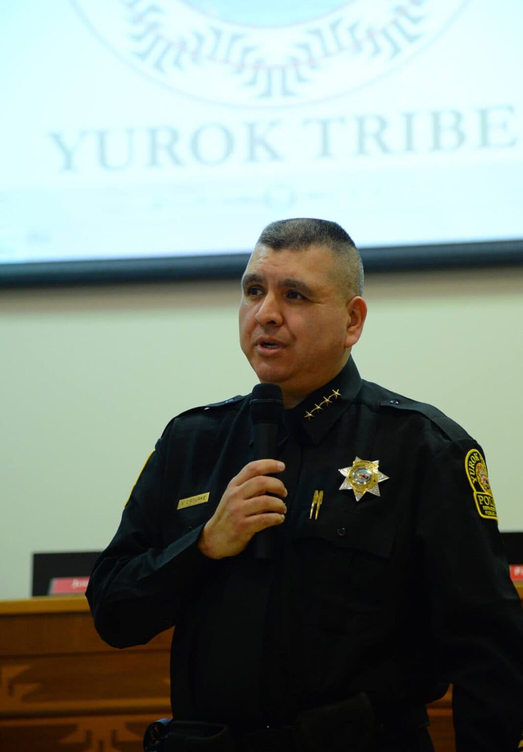 Greg O’Rourke speaks at his swearing in ceremony as Yurok Public Safety Department Chief, at the Yurok Tribal Council Chambers in Klamath, California, Friday, March 1, 2019. (The Yurok Tribe/Matt Mais)