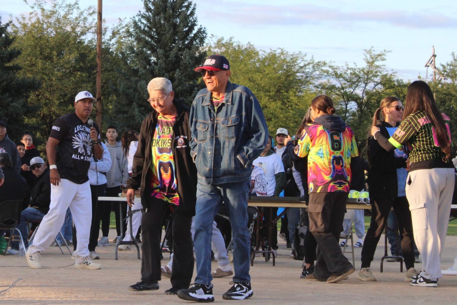 Pam and Jim Fallis, Hunkpati Oyate, walk arm in arm to accept Lady Wokiksuye’s induction into the Hall of Fame, Bismarck, North Dakota, Sept. 5, 2025. (Buffalo's Fire Photo/Gabrielle Nelson)