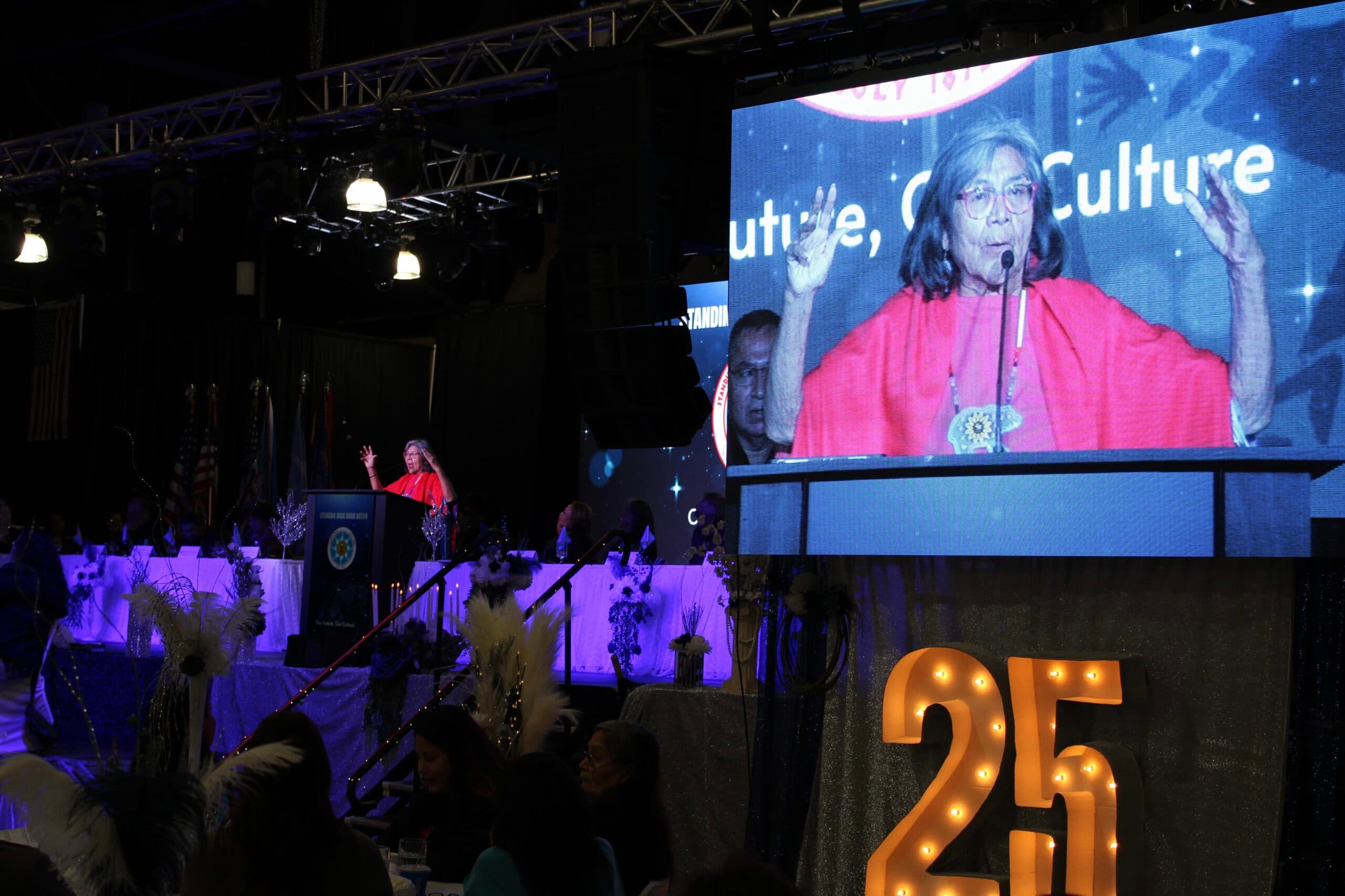 Keynote speaker Cecilia Fire Thunder, the first female president of the Oglala Sioux Tribe, spoke to tribal leaders and inauguration attendees about bringing back Native traditions and tribal unity, Fort Yates, North Dakota, Wednesday, Oct. 8, 2025.