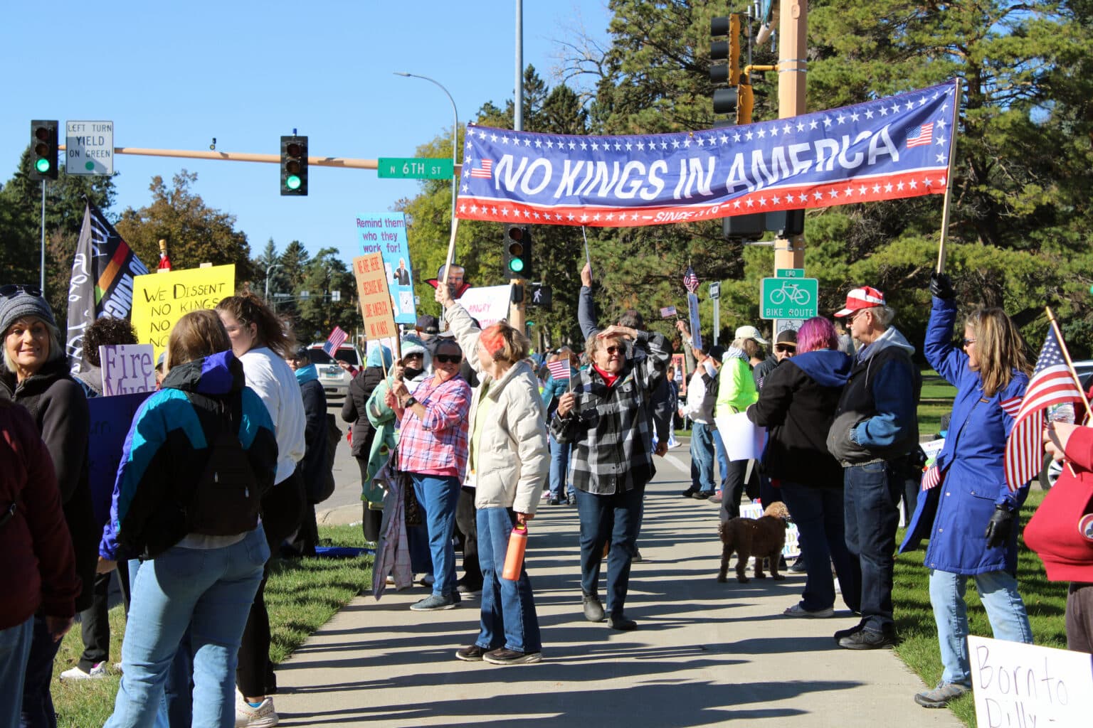 Thousands protested with signs and flags in front of the North Dakota State Capitol along E. Boulevard Ave for the “No Kings” rally on Saturday, Oct. 18, 2025, Bismarck, North Dakota. (Buffalo’s Fire/Gabrielle Nelson)