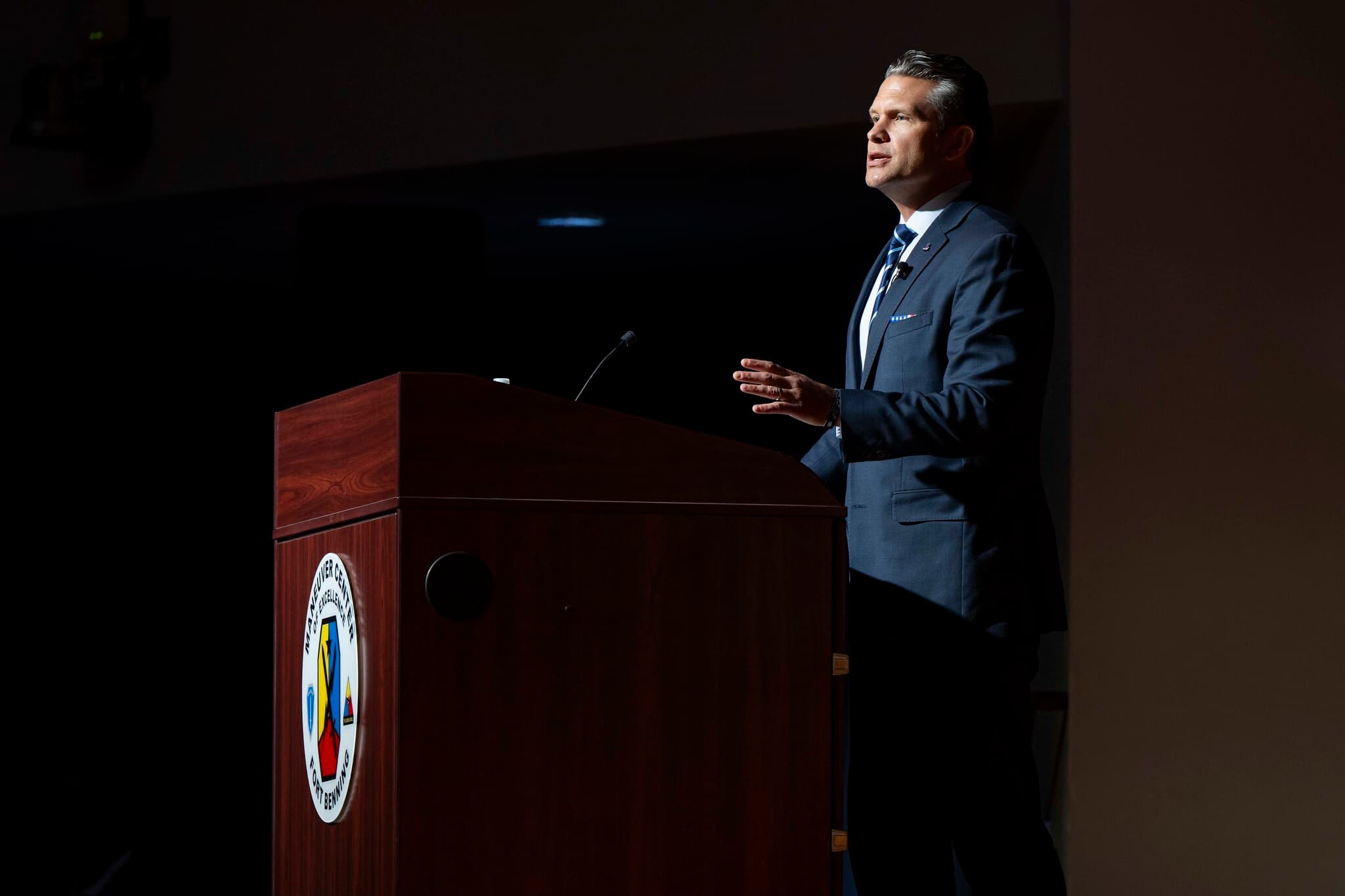 U.S. Defense Secretary Pete Hegseth speaks at an officer candidate school graduation at Fort Benning, Georgia, Sept. 4, 2025.