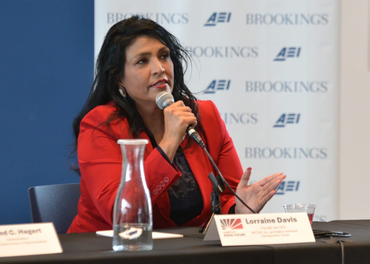 Lorraine Davis , leader of two nonprofits, the Native American Development Center and Native Inc., speaks Oct. 22, 2025, during a panel discussion at Grand Farm near Casselton, North Dakota.
