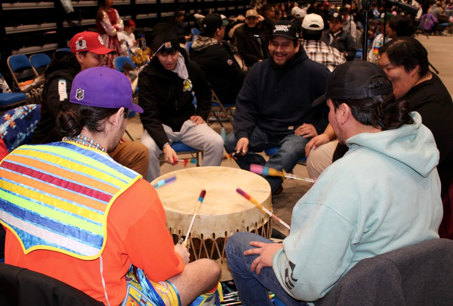 Drum group Ho Chunk Station kicks off the first grand entry, Bismarck Event Center, North Dakota