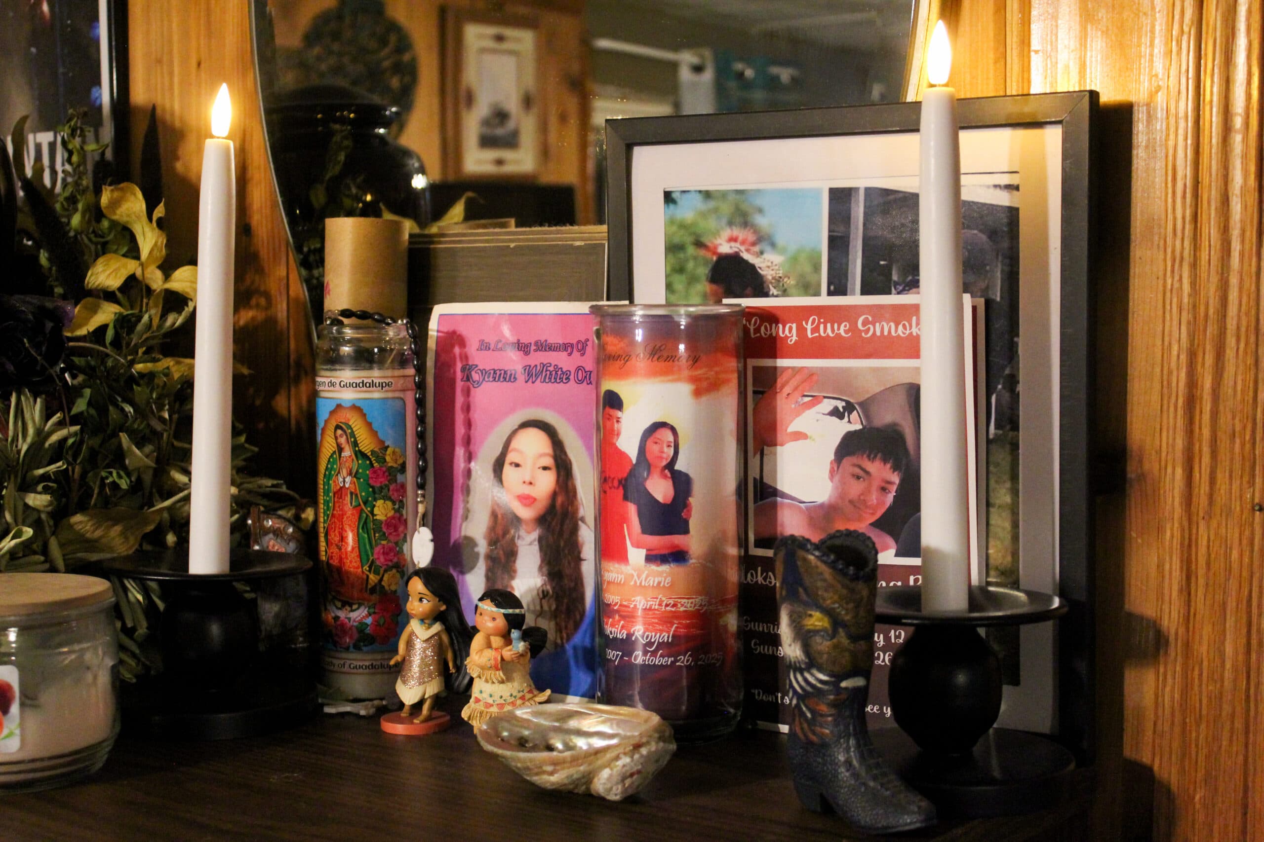 An altar in Brittney Rough Surface-Arnett’s living room memorializes Hoksila Running Bear and his daughter’s mother, Kyann Marie White Owl, Mandan, North Dakota.