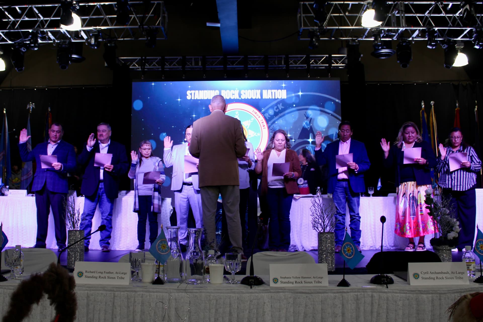 Standing Rock Sioux Tribe members and government officials gathered at the Prairie Knights Casino & Resort for the 2025 Inauguration of Chairman Steve Sitting Bear and other newly elected council members. The event celebrated tribal sovereignty, unity and tradition, Cannon Ball, North Dakota, Oct. 8, 2025.