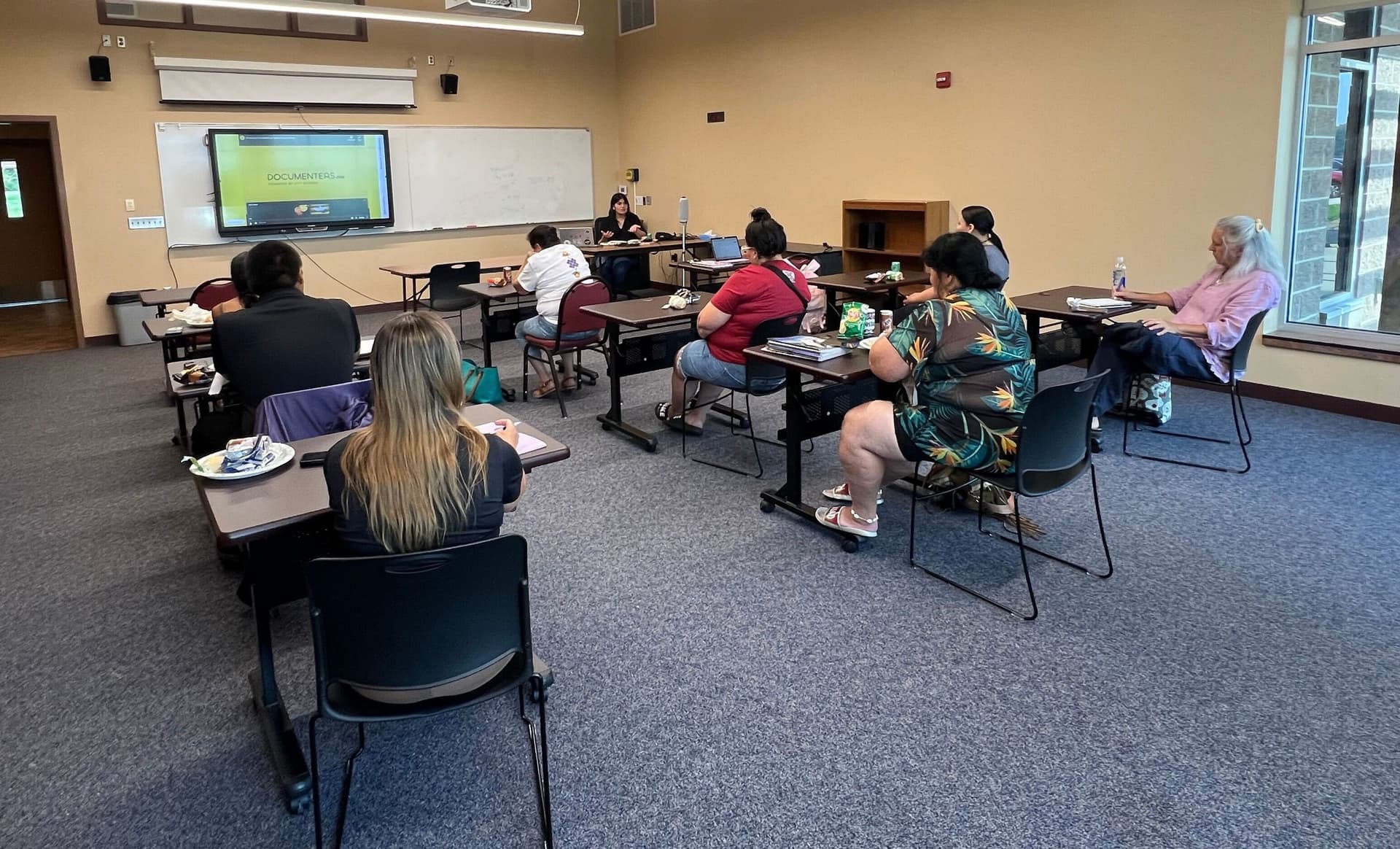 Attendees listen during a Documenters presentation at Sitting Bull College in Fort Yates on July 31. (Photo credit / Castle Fox)