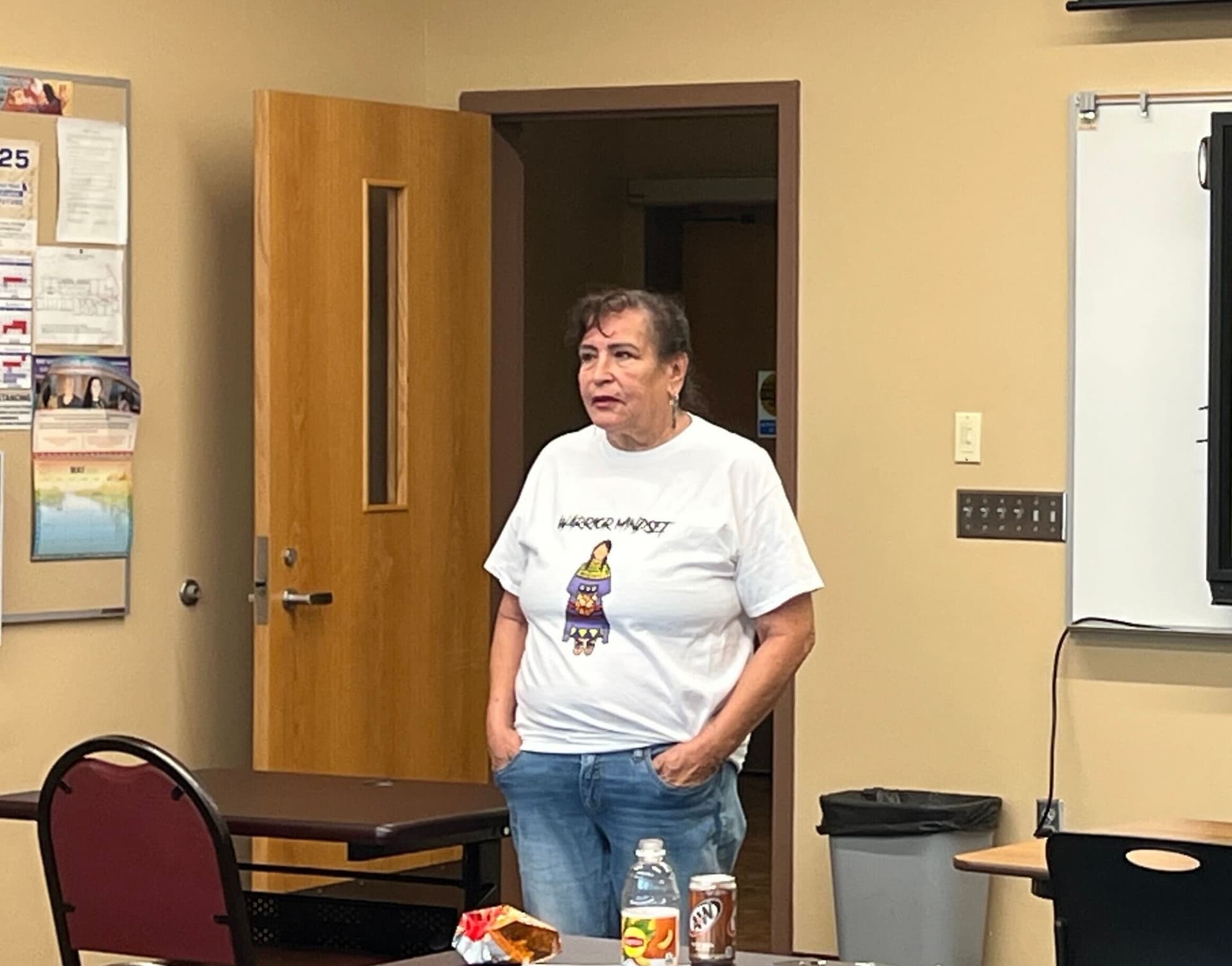 Avis Red Bear, a Documenter from Fort Yates, speaks during the July 31 meet and greet at Sitting Bull College. She shared her experience with the civic reporting program. (Photo credit / Castle Fox)