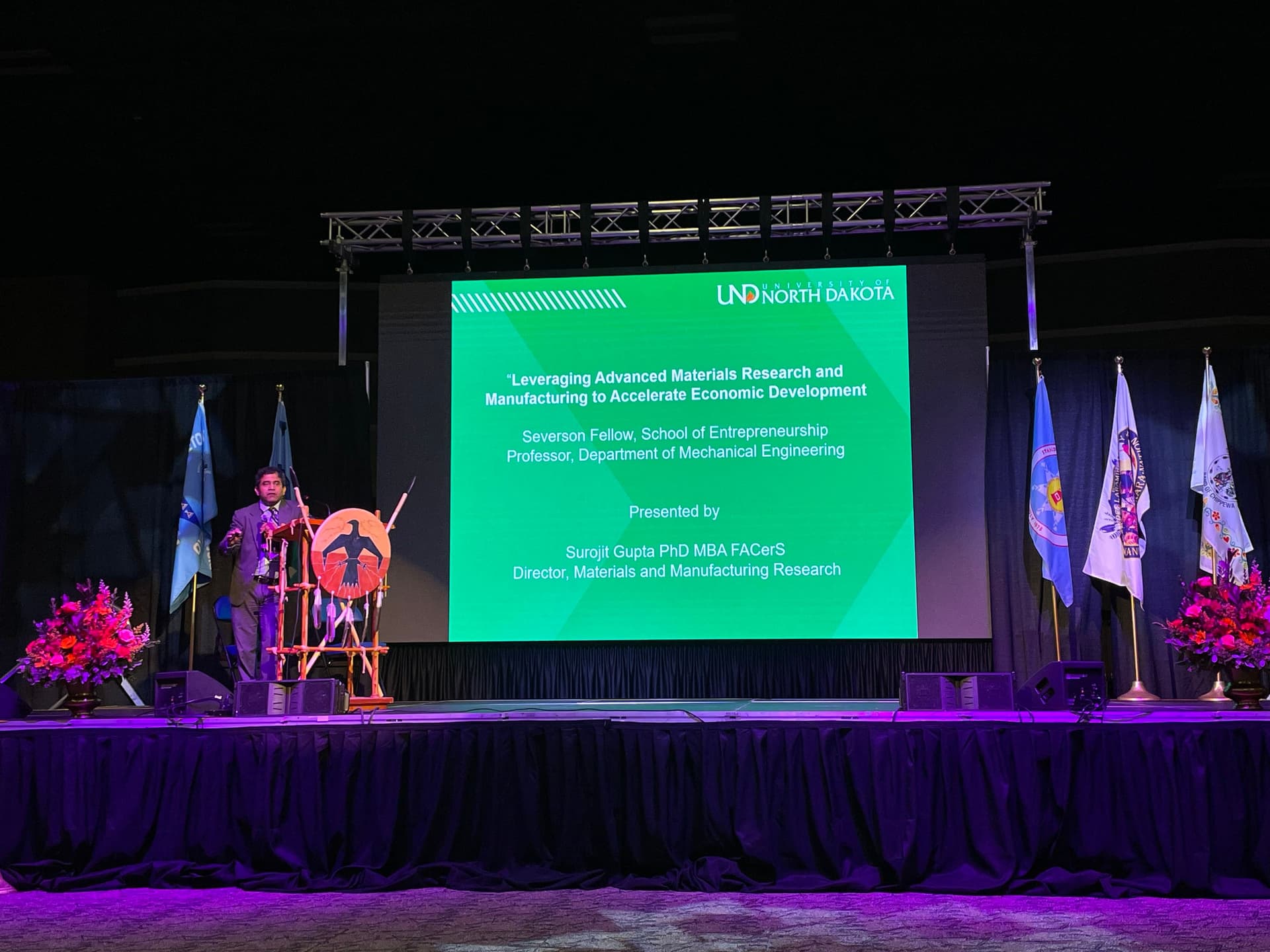 Surojit Gupta, mechanical engineering professor, spoke to UTTC students and faculty about promising technologies coming from the research labs at the University of North Dakota during his panel at the UTTC Tribal Summit, Bismarck, North Dakota, Sept. 3, 2025. (Photo credit: Gabrielle Nelson)