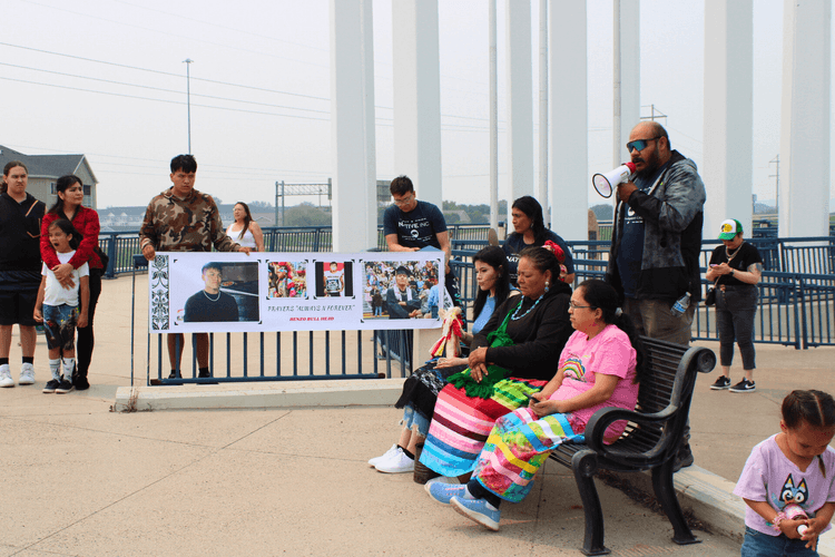 Dalaine Blue Thunder speaks on behalf of the Renzo Bull Head family during the MMIP awareness event on May 31. / Photo credit: Castle Fox