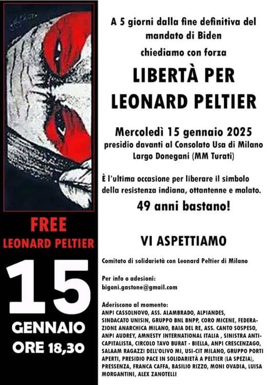 The flier announcing the protest in front of the U.S. consulate in Milan. The event was supported by a diverse group of activists, including veterans from the anti-fascist resistance of World War II, a bank union, two choirs, a group of anarchists, the local chapter of Amnesty International, and famous intellectual and klezmer singer Moni Ovadia.