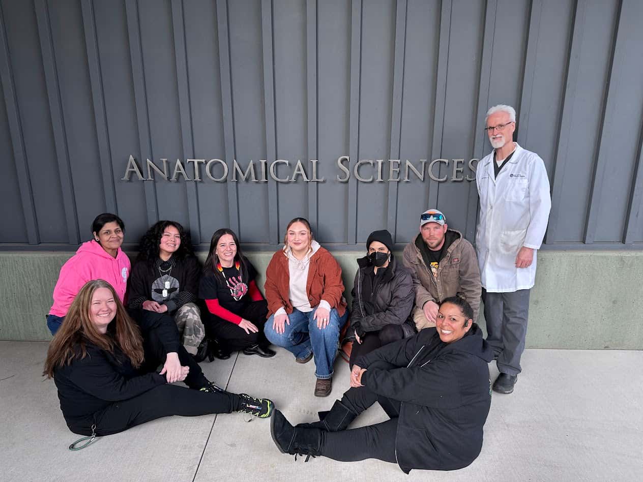 Members of the MMIW Search & Hope Alliance attend a cadaver session led by Dr. William Borman, Portland, Oregon. Back row, from L to R: Sandra Hernandez, Russell Slim, Sabrina Griffith, Isabella Regalado, Polimana Joshevama, Jason Shifflett and Borman; seated, L to R: Sarah Koski and Kimberly Lining.