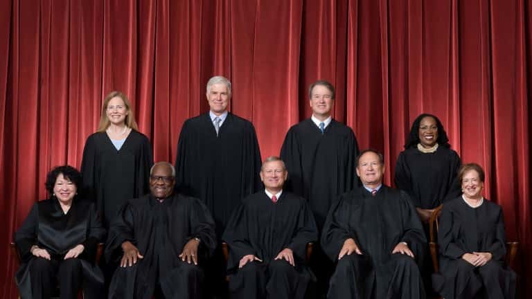 Front row, left to right: Associate Justice Sonia Sotomayor, Associate Justice Clarence Thomas, Chief Justice John G. Roberts, Jr., Associate Justice Samuel A. Alito, Jr., and Associate Justice Elena Kagan.Back row, left to right: Associate Justice Amy Coney Barrett, Associate Justice Neil M. Gorsuch, Associate Justice Brett M. Kavanaugh, and Associate Justice Ketanji Brown Jackson. (Photo credit: Fred Schilling, Collection of the Supreme Court of the United States)