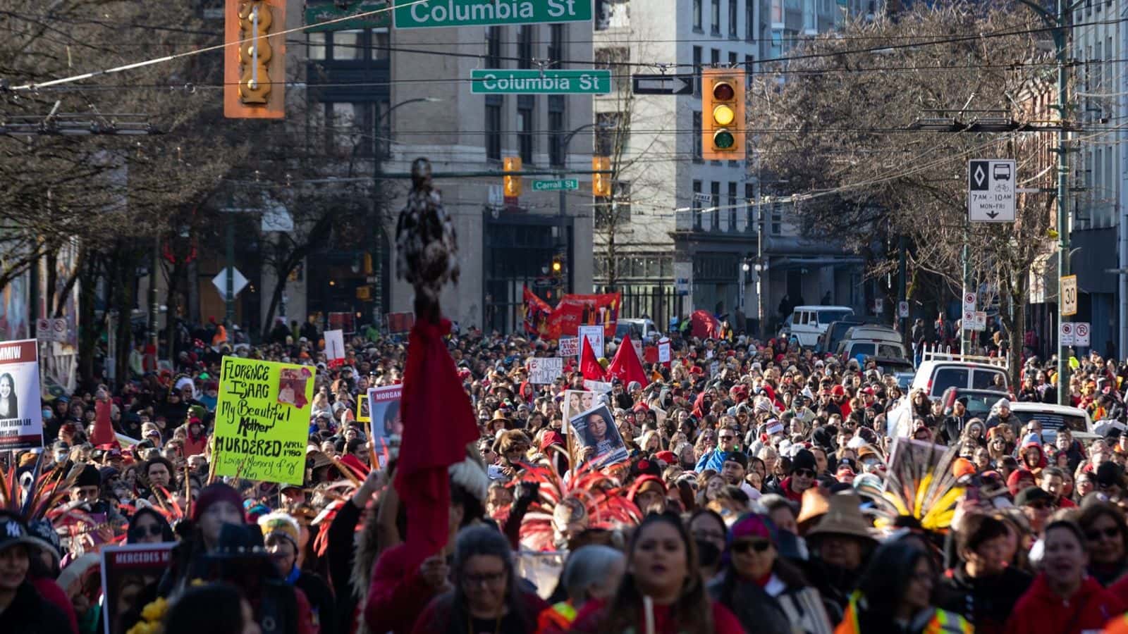 February 14, 2023: Hundreds of attendees march down E Hastings St. in Vancouver’s Downtown Eastside during the 32nd annual Women’s Memorial March.