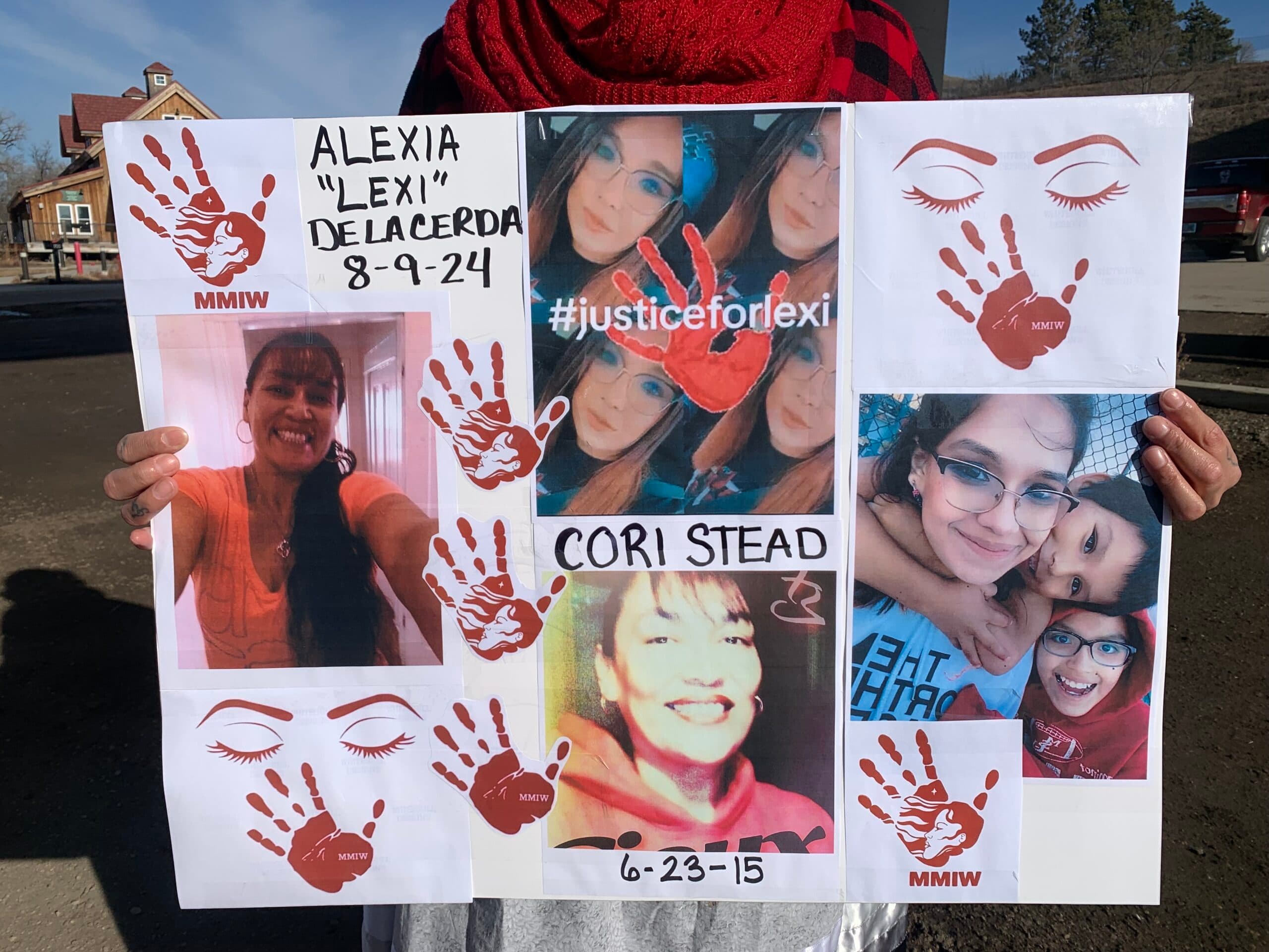 Shani Bordeaux holds the sign she made in memory of her friend, Alexia De La Cerda, and her aunt, Cori Stead, Bismarck, North Dakota.