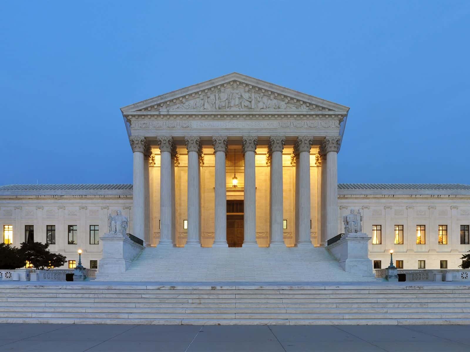 Panorama of the west facade of United States Supreme Court Building at dusk in Washington, D.C.