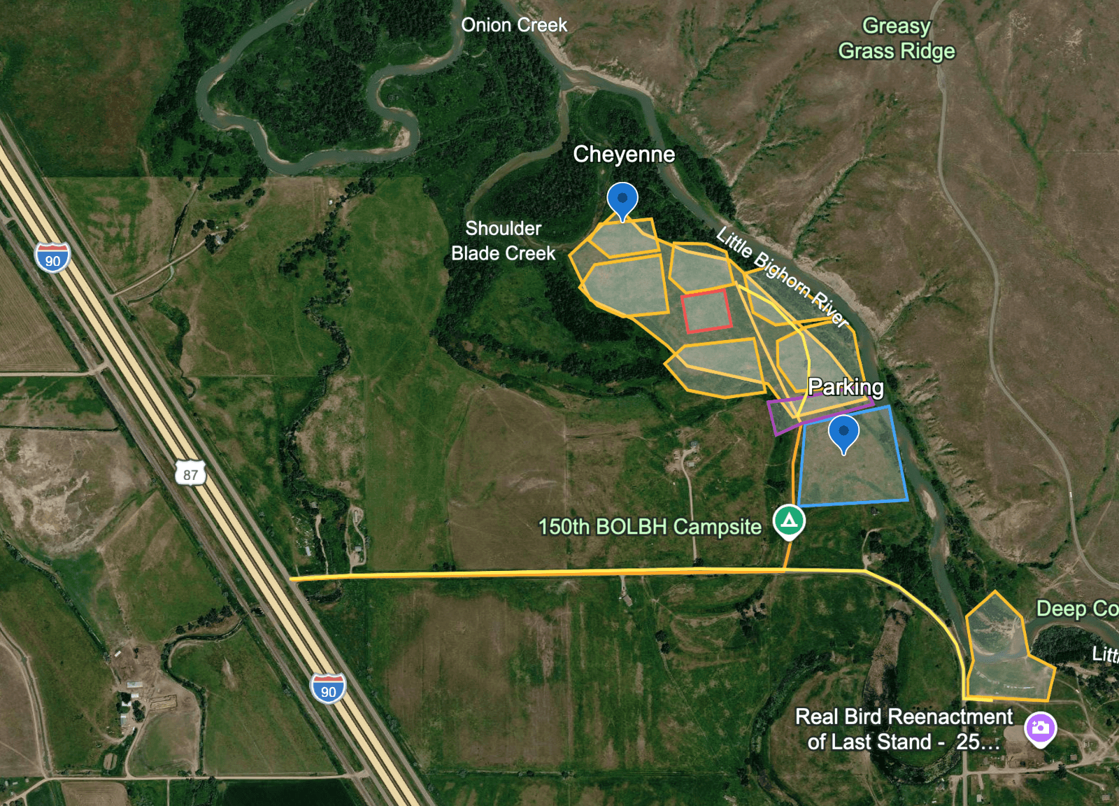 A preliminary map outlines the expected camp locations at the Real Bird family land site.