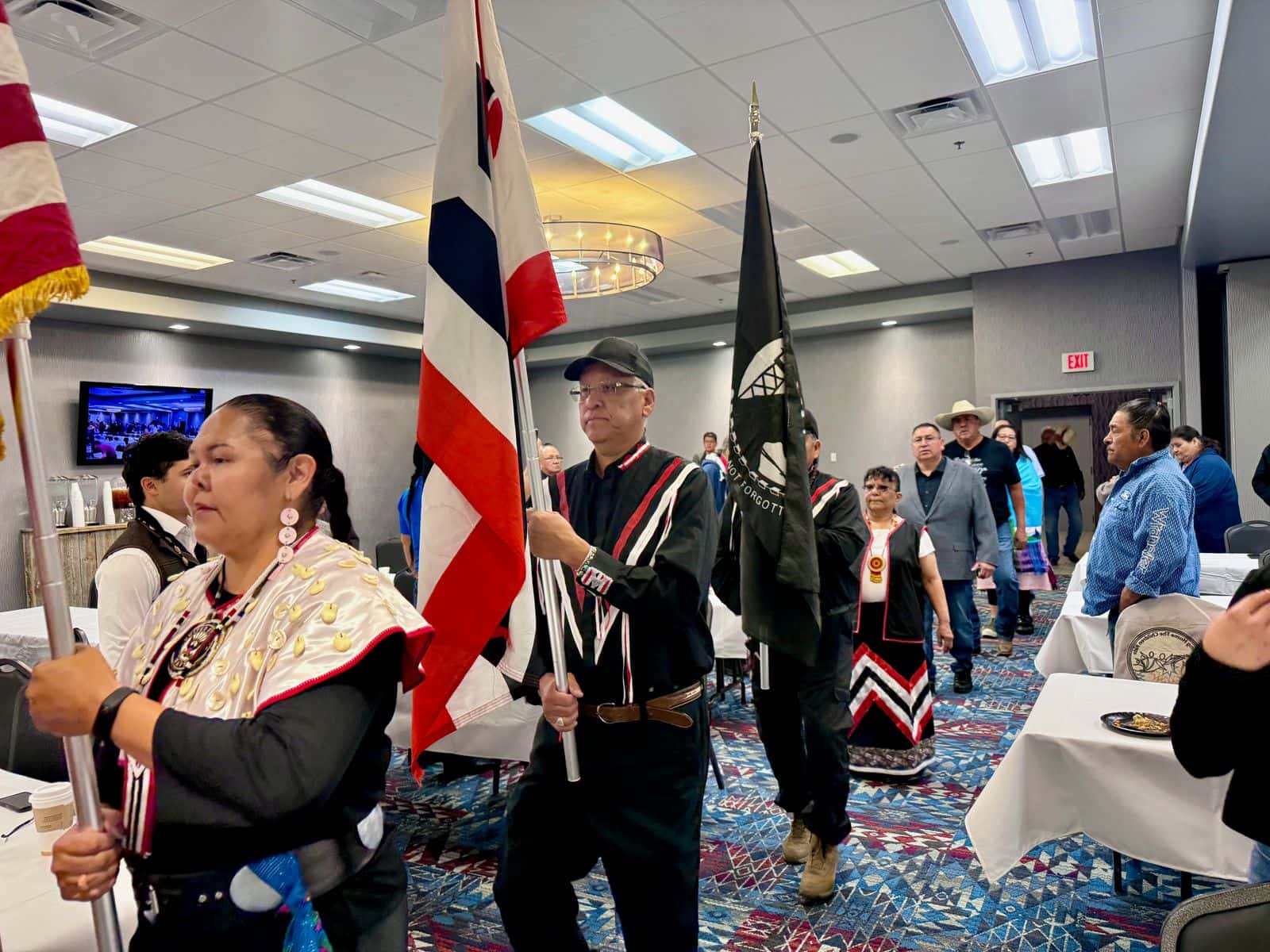 The Northern Arapaho color guard retires the flags at the Little Bighorn planning meeting in Riverton, Wyoming.