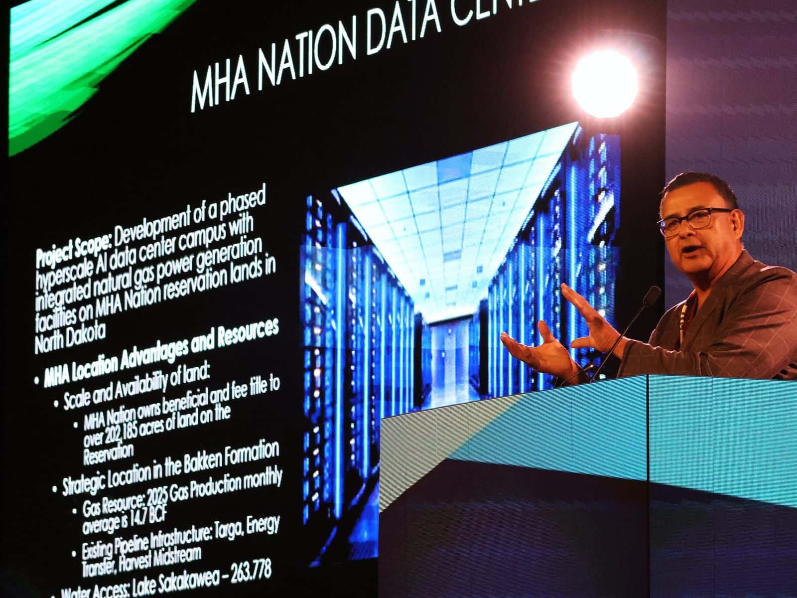 Mark Fox, chairman of the MHA Nation, speaks during the 2026 Williston Basin Petroleum Conference in Bismarck on May 20, 2026.