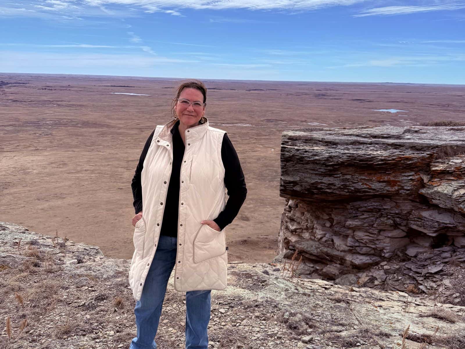 It was a difficult climb to the top of Thunder Butte, Cheyenne River Reservation, but Jodi Rave Spotted Bear, founder of the Indigenous Media Freedom Alliance, made it to the top.