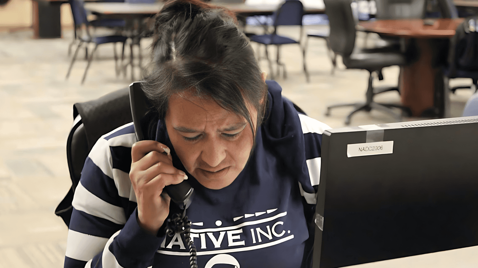 Angela Buckley-Tochek answers the phone at Native Inc., Bismarck, North Dakota, Wednesday, Nov. 12, 2025. (Buffalo’s Fire/Jolan Kruse)