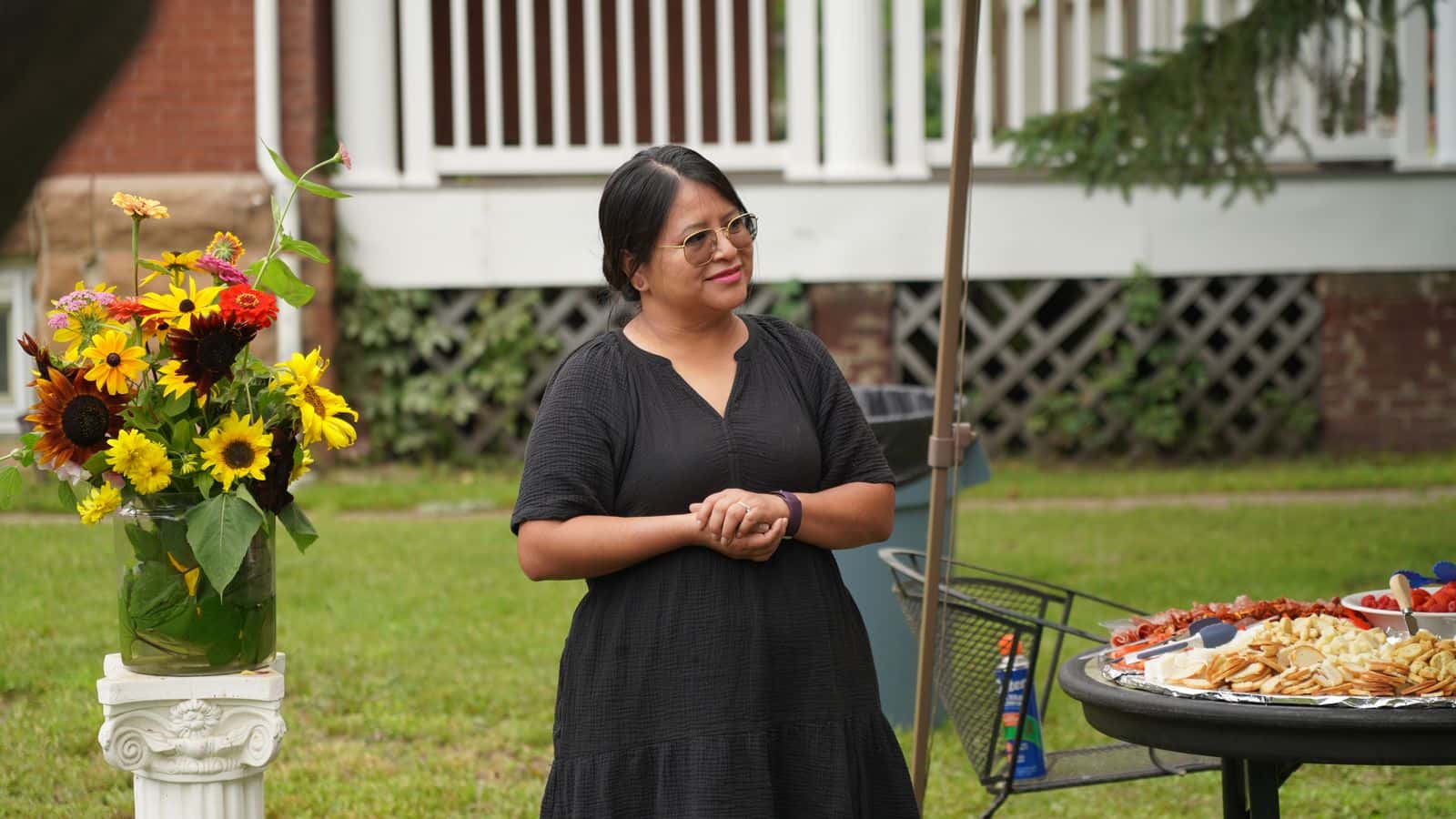 Sonia Ciaverelli, who restored the UTTC medicine wheel in two and a half months, addresses students and faculty at an event celebrating its reveal, Bismarck, North Dakota, Friday, Aug. 15. (Photo credit/ Marcus Taken Alive)