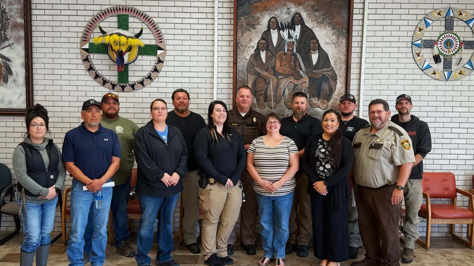 Several members of Spirit Lake Tribe’s Incident Command Team come together at tribal headquarters after meeting with state and federal partners, Fort Totten, North Dakota, Wednesday, Oct. 1, 2025. (Spirit Lake Tribe/Vicki Alberts)