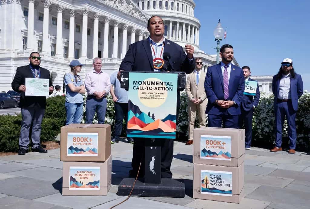 Fort Yuma Quechan Indian Tribe Councilman Donald Medart joins members of Congress, tribal leaders and community advocates at a rally in Washington, D.C., this April to urge the Biden administration to expand, designate and protect national monuments. In Project 2025, William Perry Pendley recommends for a full repeal of the president’s ability to create national monuments.
Paul Morigi/Getty Images for Monumental Call for Action