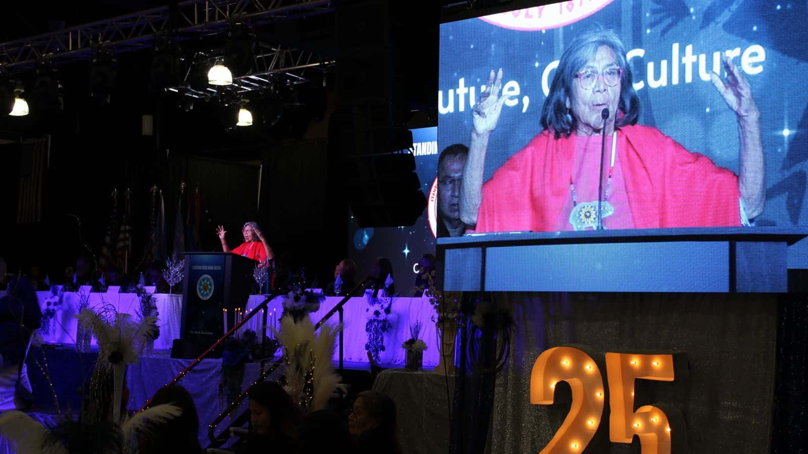 Keynote speaker Cecilia Fire Thunder, the first female president of the Oglala Sioux Tribe, spoke to tribal leaders and inauguration attendees about bringing back Native traditions and tribal unity, Fort Yates, North Dakota, Wednesday, Oct. 8, 2025.