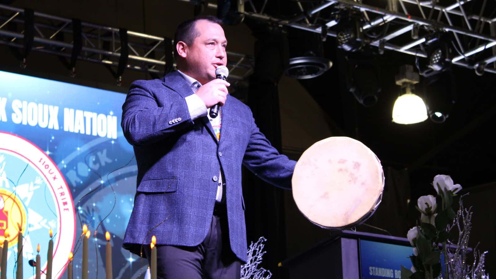 Newly elected Standing Rock Sioux Tribe council members stand before tribal members and government officials gathered at the Prairie Knights Casino & Resort for the 2025 Inauguration. The event celebrated tribal sovereignty, unity and tradition, Fort Yates, North Dakota, Wednesday, Oct. 8, 2025. (Buffalo’s Fire/Gabrielle Nelson)