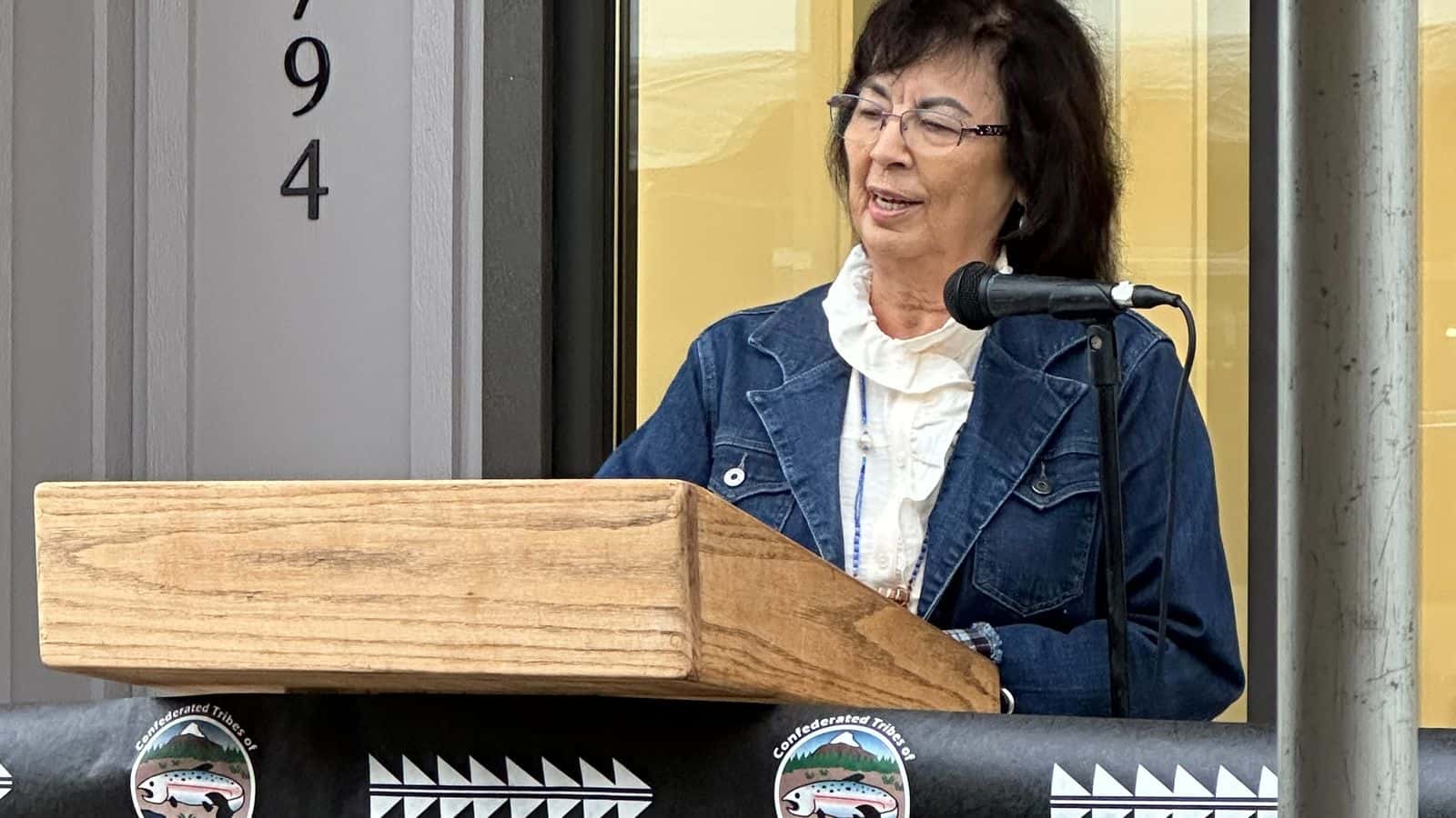 CTSI Tribal Chair Delores Pigsley speaks before cutting a ribbon as part of the grand opening ceremony for the Kloshe Illahee Haws Housing development in north Salem, Oregon, Sept. 29, 2025. (Buffalo’s Fire/Brian Bull)