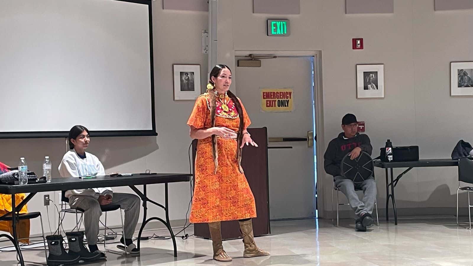 The fancy shawl instructor shared her passion for her chosen craft with students from Bismarck Public Schools on Wed., Oct. 25 and Nov. 1. Photo credit/ Adrianna Adame