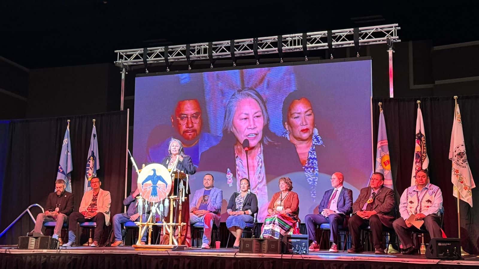 Standing Rock Sioux Tribal Chairwoman Janet Alkire joins Great Plains tribal leaders Wednesday to kick off the 28th Annual United Tribes Technical College Tribal Leaders Summit in Bismarck, North Dakota. Photo credit: Erin Hoover Barnett