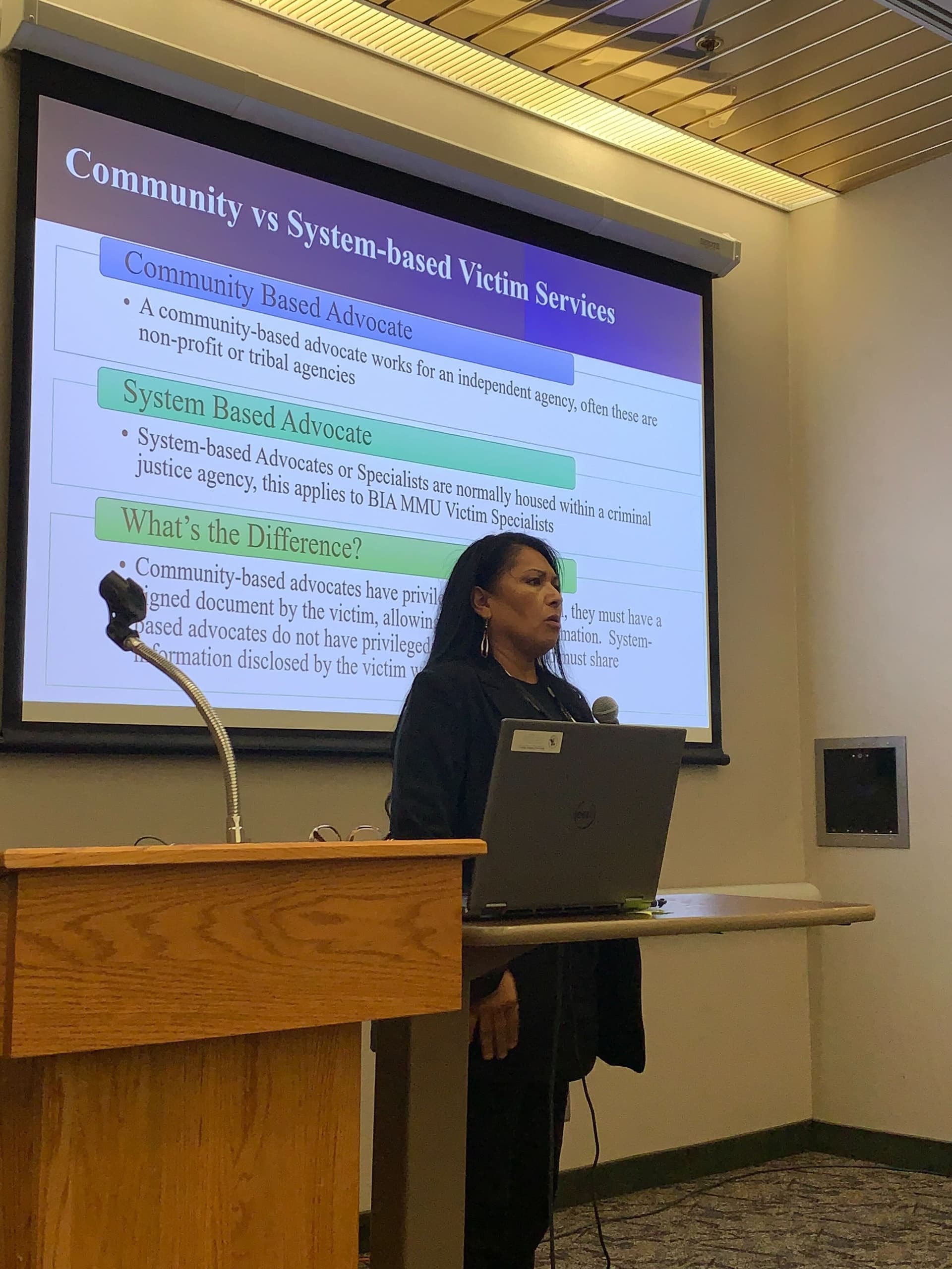 Bobbie Olauson, Bureau of Indian Affairs Missing and Murdered Unit Victim Specialist speaking at the UTTC tribal summit (Sept. 3). Photo credit Jolan Kruse