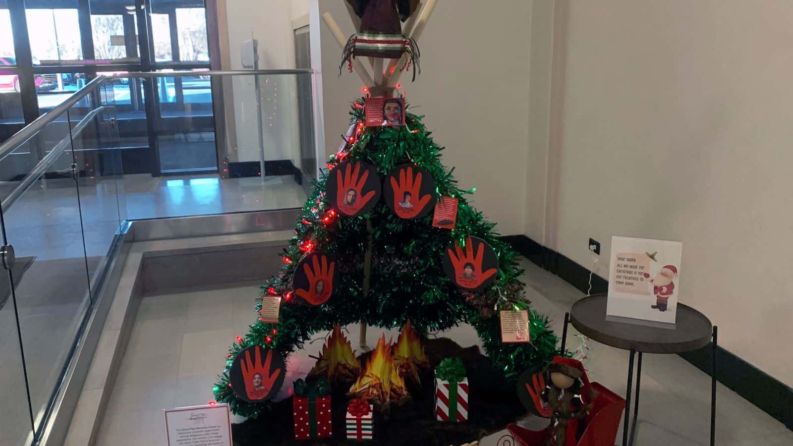 The MMIP Christmas tree was created by Sacred Pipe Resource Center, Bismarck, North Dakota, Monday, Dec. 15, 2025. (Buffalo’s Fire/Jolan Kruse)