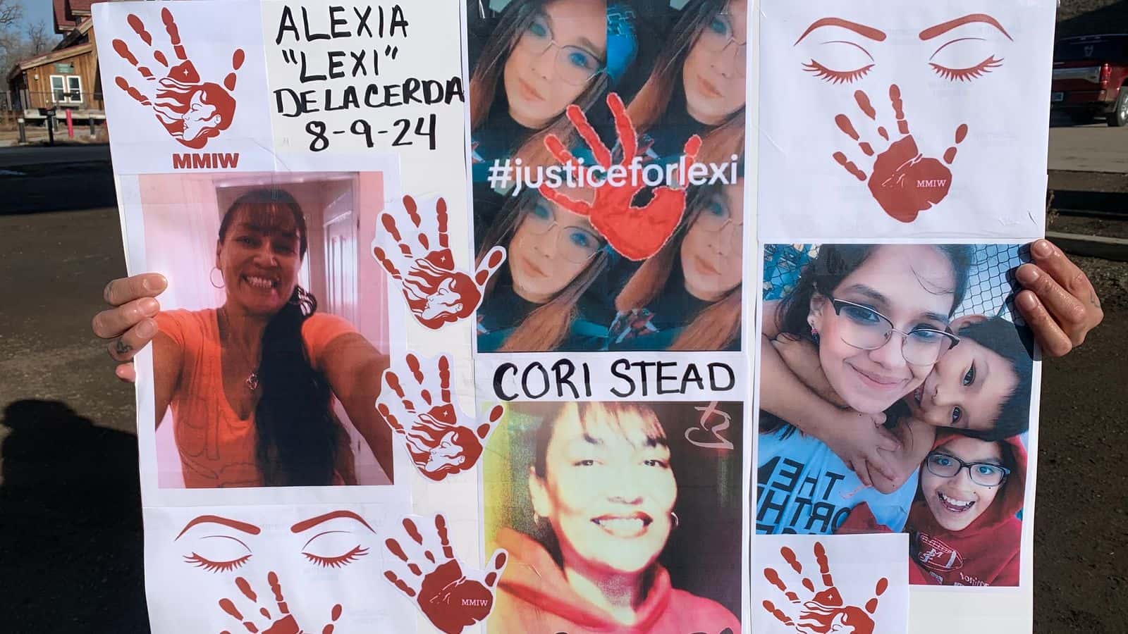 Shani Bordeaux holds the sign she made in memory of her friend, Alexia De La Cerda, and her aunt, Cori Stead, Bismarck, North Dakota.
