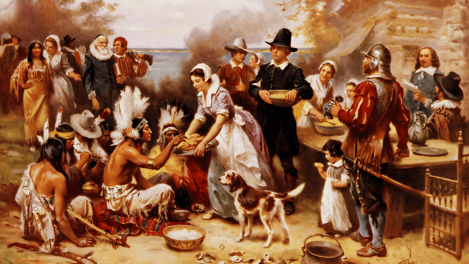 “The First Thanksgiving 1621,” painted by Jean Leon Gerome Ferris in 1912, shows Pilgrims and Natives sharing a communal meal, one of many depictions that romanticized the relationship between the new arrivals and Indigenous people.