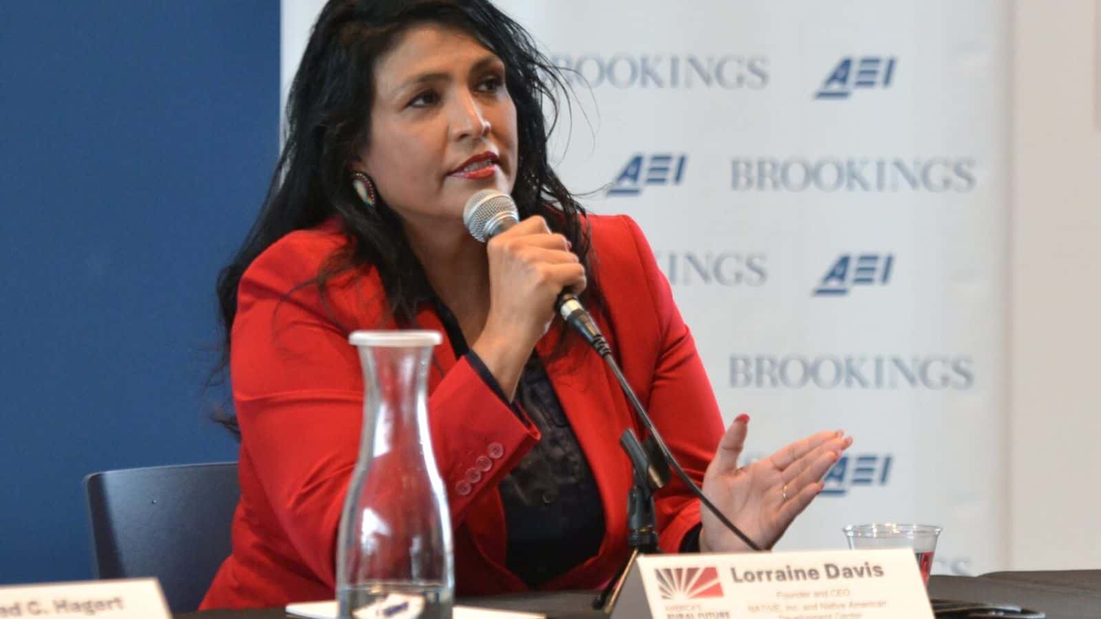 Lorraine Davis , leader of two nonprofits, the Native American Development Center and Native Inc., speaks Oct. 22, 2025, during a panel discussion at Grand Farm near Casselton, North Dakota.