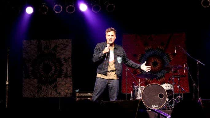 Avengers actor Mark Ruffalo addresses the crowd at the Prairie Knights Casino on the Standing Rock Sioux reservation at a concert event titled, Stand-N-Vote. Photo: Jaden Cowboy