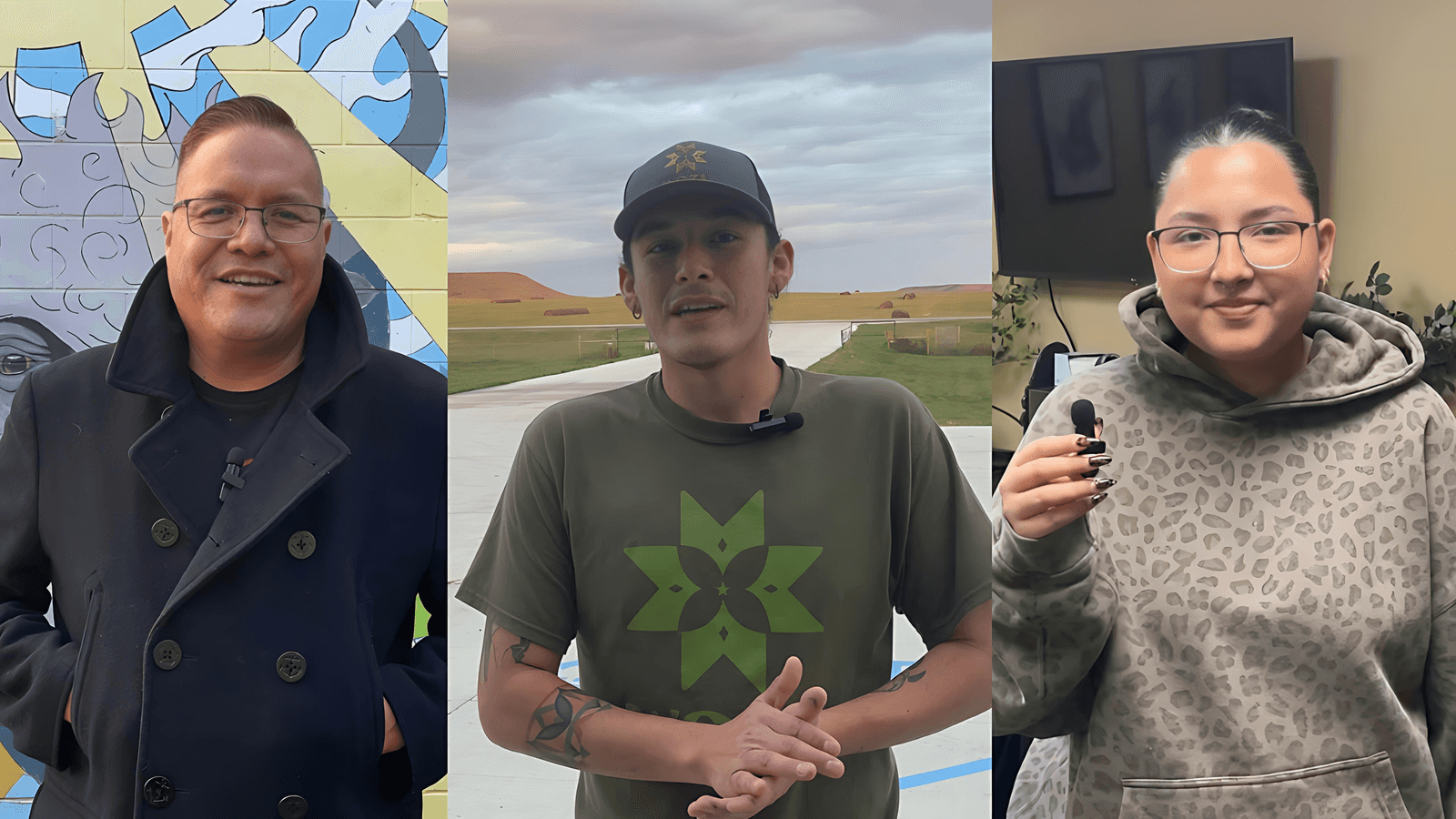 Justin Deegan (Arikara, Oglala and Hunkpapa), Saunders Young Bird (Arikara, Hidatsa and Hunkpapa Lakota) and Presley Heavy Runner (Eastern Shoshone) share what Native American Heritage Month means to them, Oct. 29, 30 and Nov. 3, 2025. (Screen grabs from a Buffalo’s Fire video by Gabrielle Nelson)
