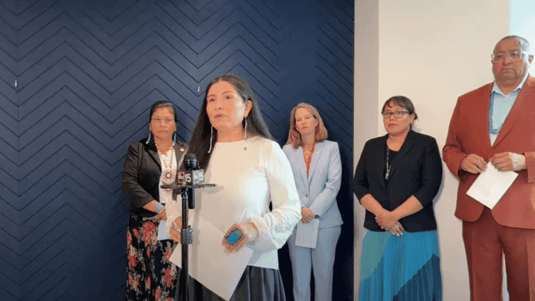 Navajo Attorney General Ethel Branch and others at a news conference in Phoenix on Friday, May 19, 2023. (YouTube Screen grab)
