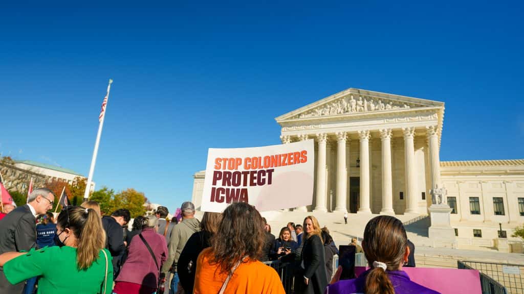 Participants hold signs as they wait for oral arguments to adjourn outside the Supreme Court in Washington, DC. Photo by Steph Viera for NDN Collective.