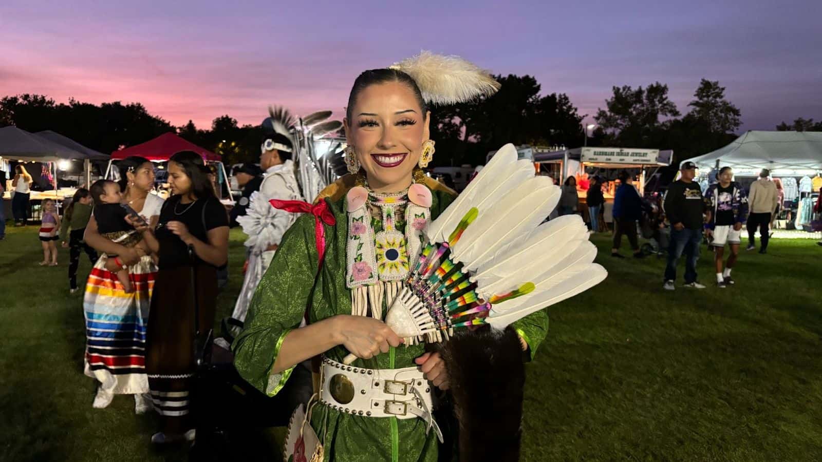 Sophia Turning Robe usually competes in contests as a jingle dress dancer, but for the CradleBoard Special on Sept. 7 at the United Tribes powwow the Siksika Nation citizen wanted to showcase her family history. (Photo credit/ Adrianna Adame)