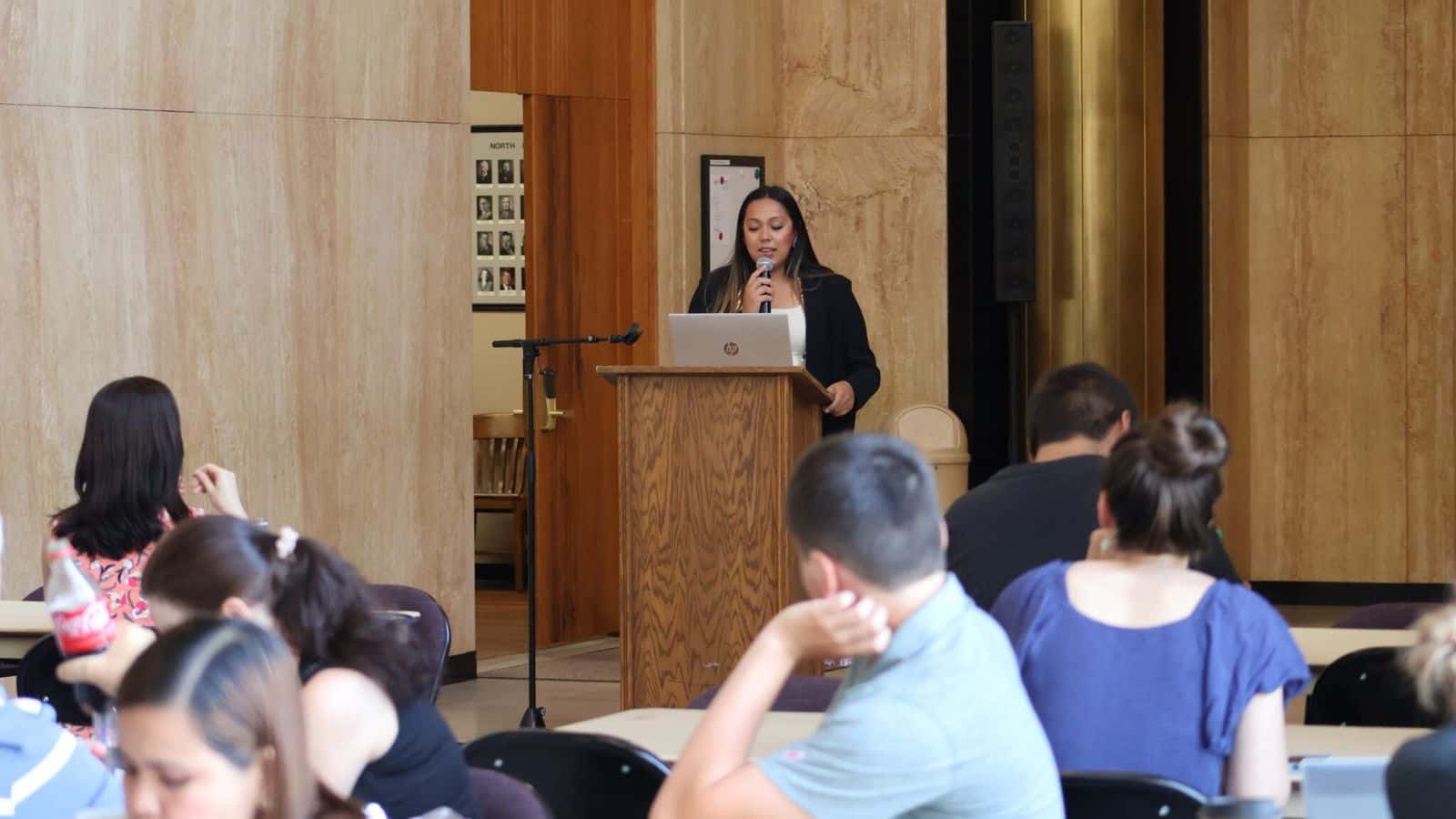 Shayla Davis, a member of the Mandan, Hidatsa and Arikara Nation and part of the Superintendent’s Student Cabinet, speaks before tribal educators at the 10th annual Indian Education Summit at the North Dakota Capitol in Bismarck on July 19, 2024. (Mary Steurer/North Dakota Monitor)