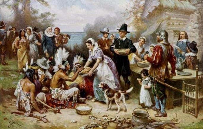 This is a popular image of the first Thanksgiving, a painting by Jean Leon Gerome Ferris. But this is definitely NOT what happened.