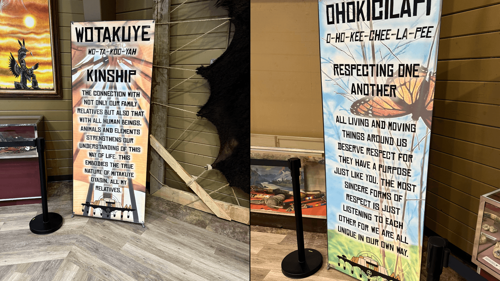 Signs inside the Lakota Cultural Center remind visitors of values such as respect and kinship. (Photo credit: Jodi Rave Spotted Bear)