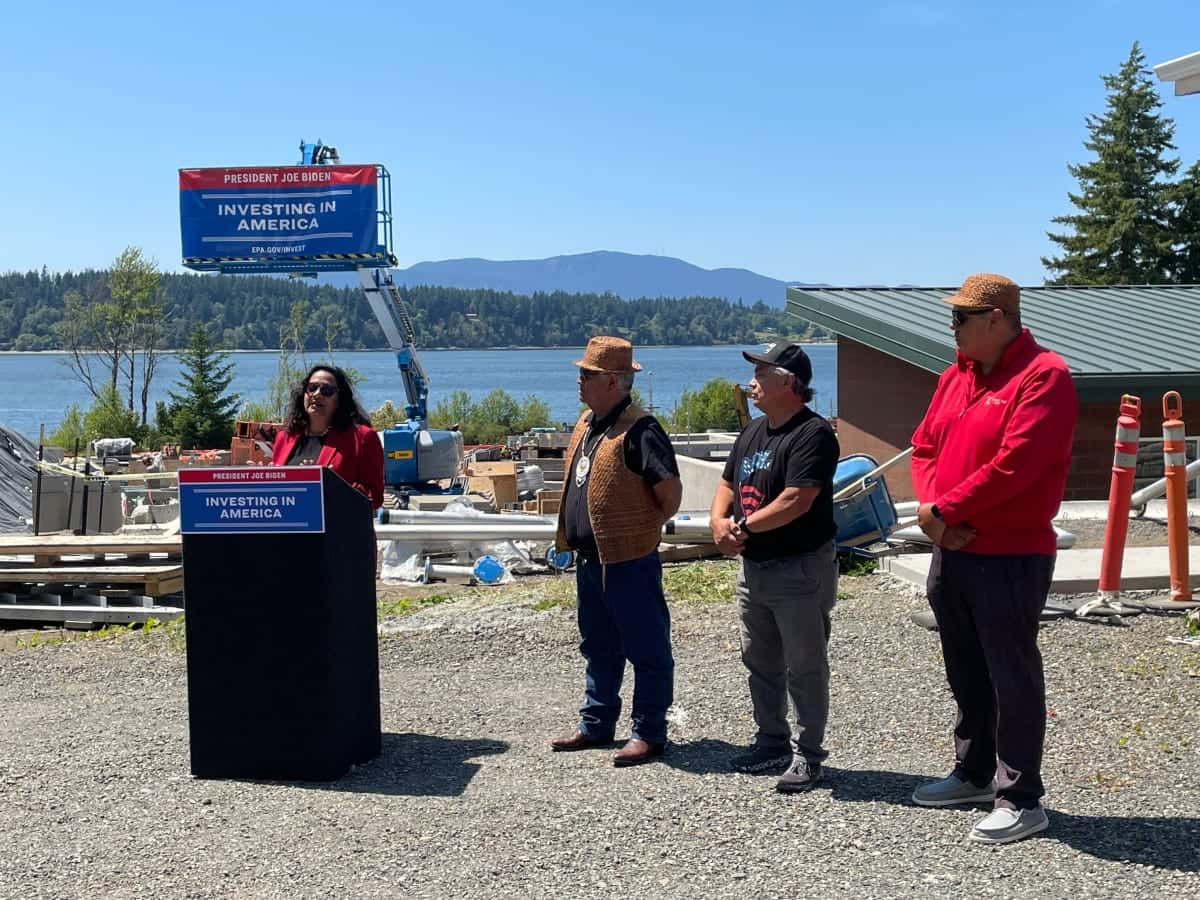 EPA Assistant Administrator Radhika Fox announces new instrastructure funds on June 28, 2023, for Native water projects at the sit of a new $18 million Lummi Nation wastewater treatment plant now under construction in Washington state. She is joined by three Lummi Nation officials - Council member Henry Cagey, Treasurer Cliff Culture and Vice Chariman Terrenace Adams. "This brand new facility represents a shared commitment to cleaning up Puget Sound,” Casey Sixkiller, EPA Region 10 administrator, said. (Photo courtesy of Environmental Protection Agency)