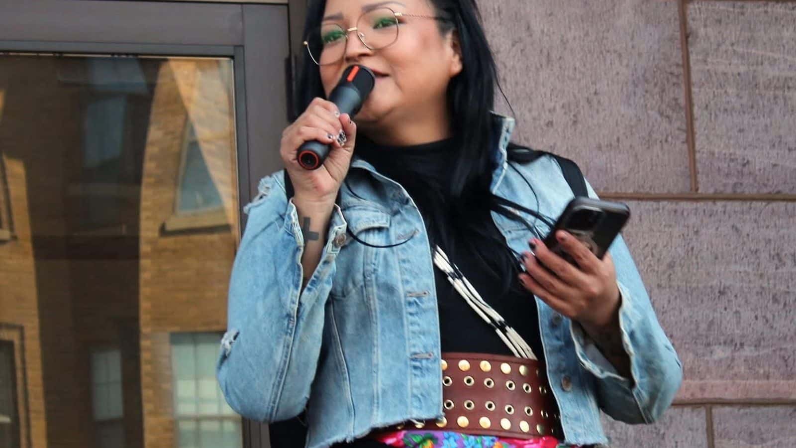 Allison Renville speaks at the International Women’s Day rally in Sioux Falls, South Dakota, Saturday, March 8, 2025. (Photo credit: Nikki Gronli)